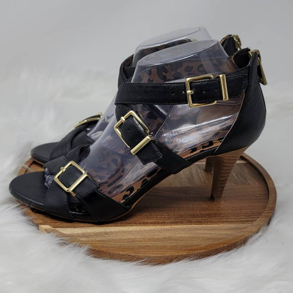 Jessica Simpson Eugenia Black Leather Gold Buckle Open Toe Heels Sandals 8B - Picture 3 of 7